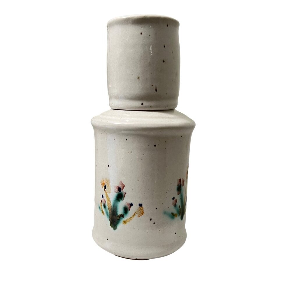 VTG Stoneware Studio Pottery Floral Tumble Up Cup Carafe Artist Signed 8.75"